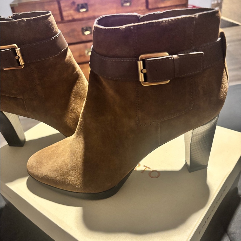 Franco Sarto Suede Ankle Booties in Chestnut Brown with Buckle